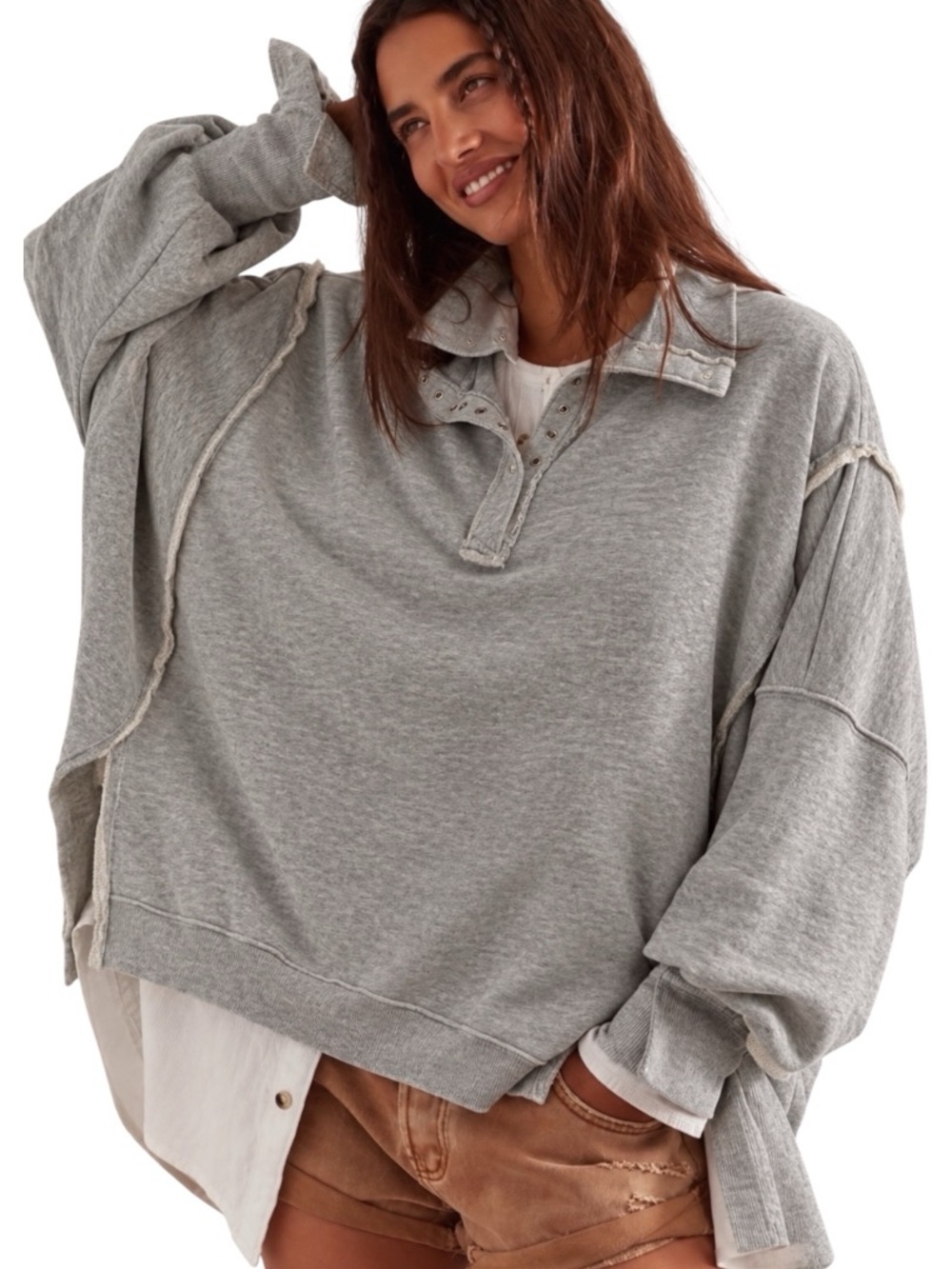 Free People We The Free Gray Oversized Henley Sweatshirt Raw Seam Large